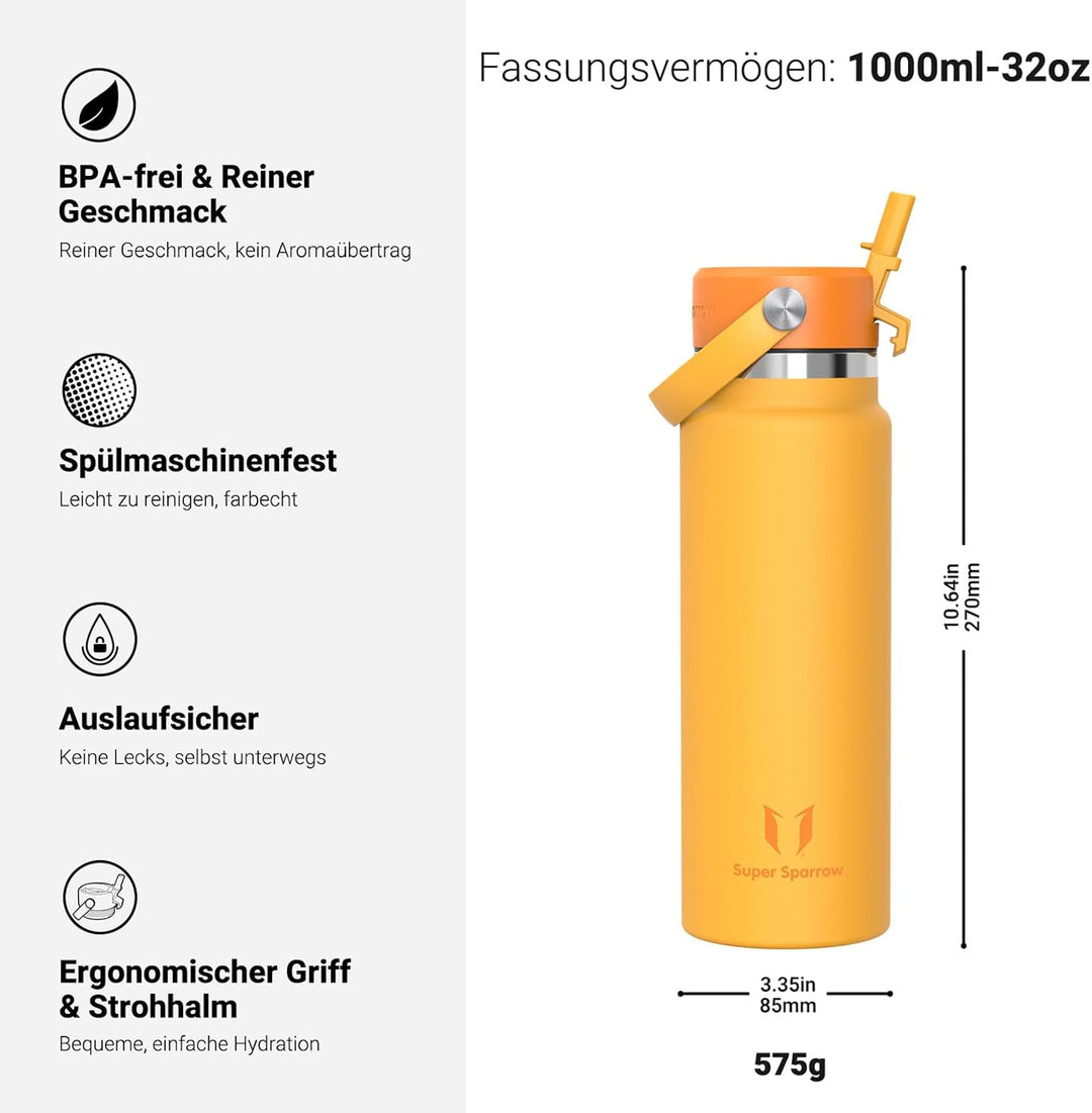 Sparrow Trinkflasche Edelstahl 1L - Weiter Öffnung SwivelSip Thermosflasche mit Strohhalm - BPA-frei