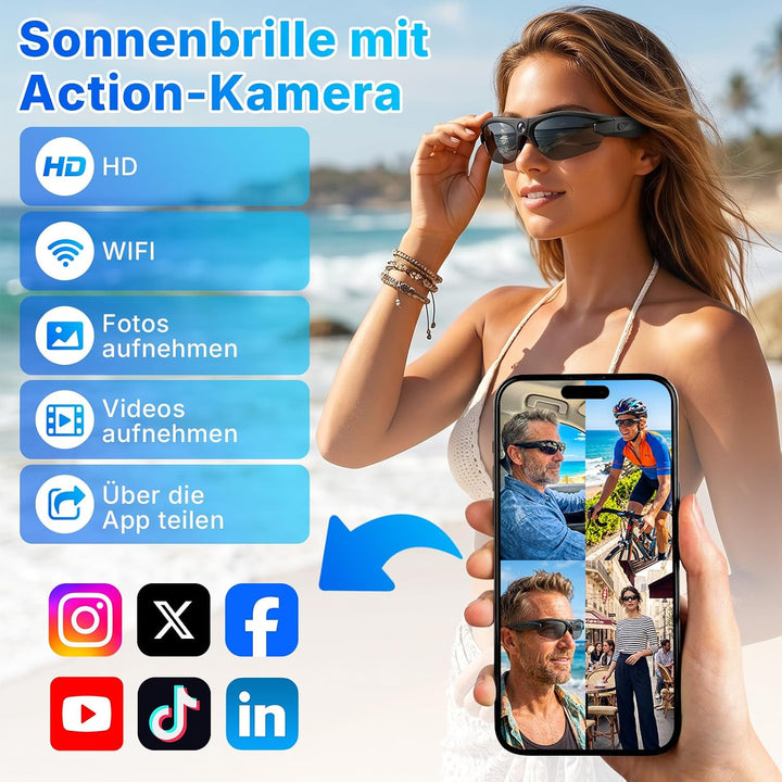 Sonnenbrillen mit Actionkamera, 120°-Smart-Brillen-Kamera (schwarz) | Brillen-Actionkamera mit WLAN,