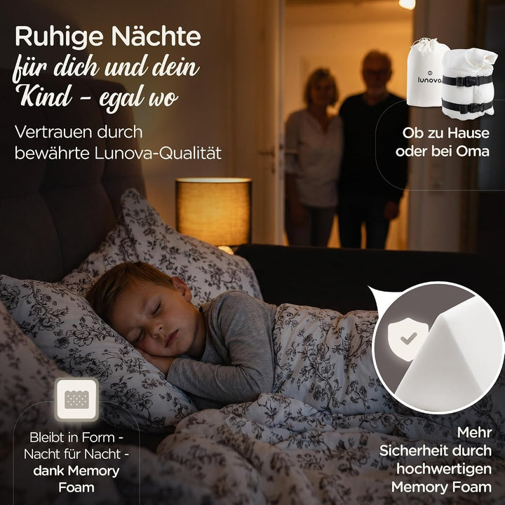 LUNOVA® Rausfallschutz Bett Reise Kinder &amp; Baby - Boxspringbett mobil | Mit Gurt &amp; Reisetasche · zus
