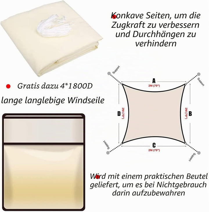 Sonnensegel Sonnenschutz inkl Befestigungsseile PES Polyester Wasserdicht 2 x 2m Quadrat Sonnensegel