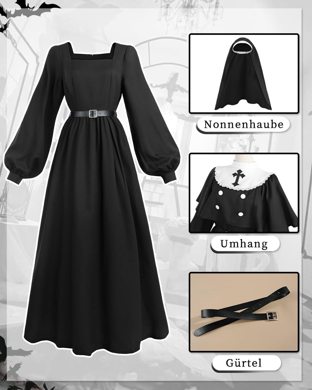 CR ROLECOS Nonnen Kostüm Damen,Faschingskostüme Damen Nonne für Erwachsene Kleidung Gothic Retro Kle