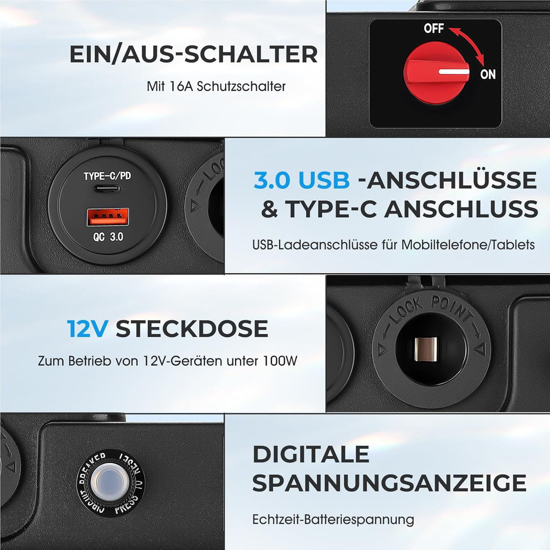 Batteriebox für Bootsmotor Elektromotor Schlauchboot Aussenboarder RV– mit USB & 12V Anschluss, Ziga