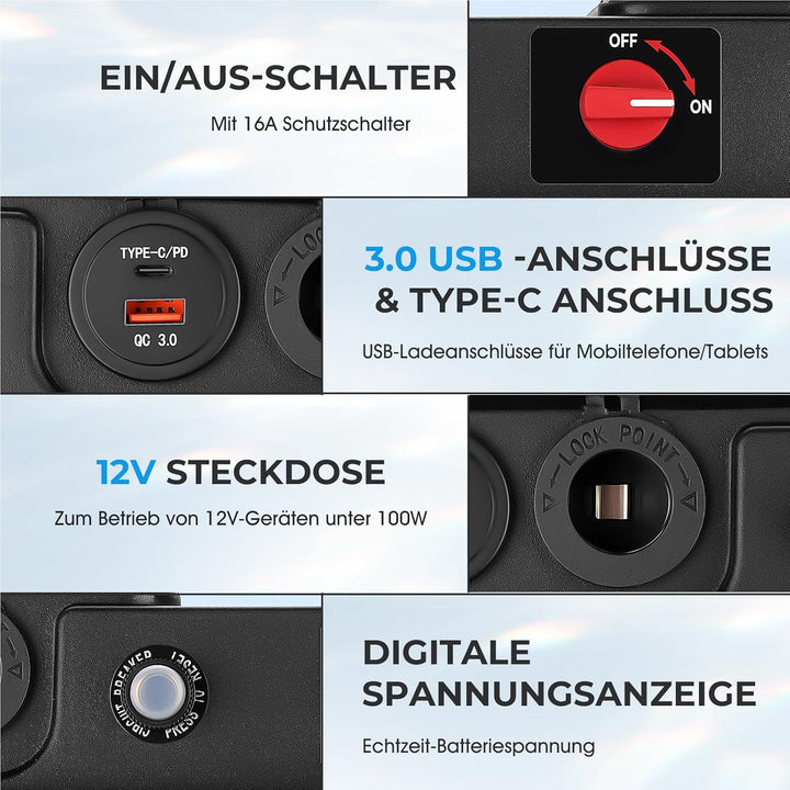 Batteriebox für Bootsmotor Elektromotor Schlauchboot Aussenboarder RV– mit USB & 12V Anschluss, Ziga