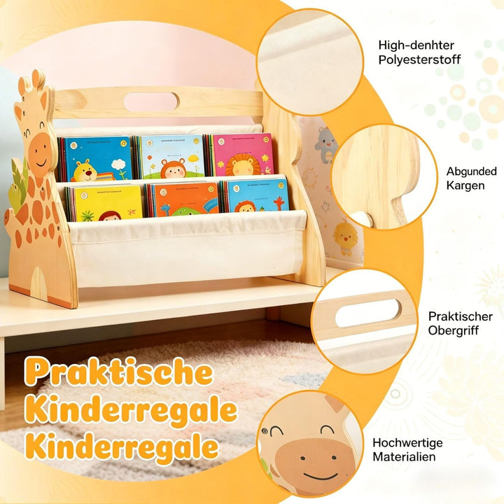 Bücherregal Kinder Holz Doppelseitig 4-spaltige 43x34x28,3cm Kinderbücherregal Klein mit Griff Monte