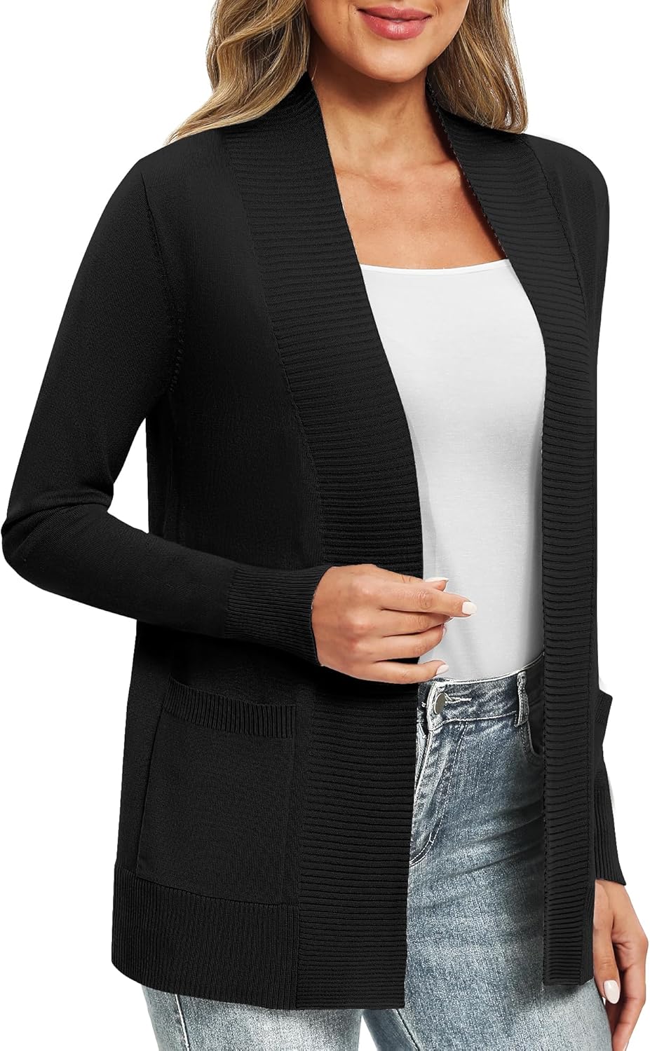 EXCHIC Leicht Damen Lange Ärmel V-Ausschnitt Lange Gestrickt Cardigan Gemütlich Offene Front Strickj