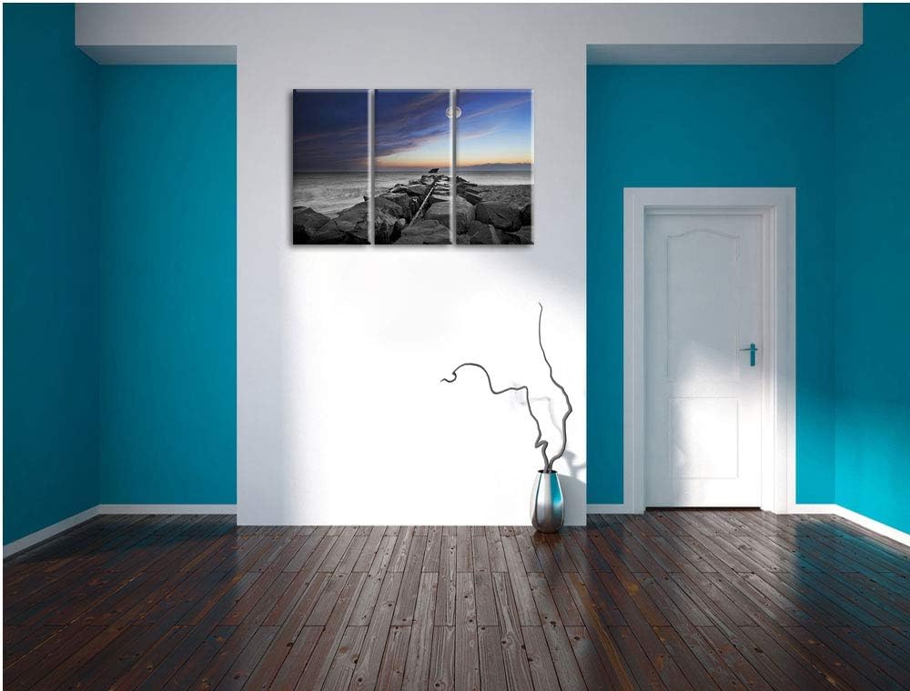 Steinmauer am Meer bei schönem Abendhimmel schwarz/weiss 3-Teiler Leinwandbild 120x80 Bild auf Leinw
