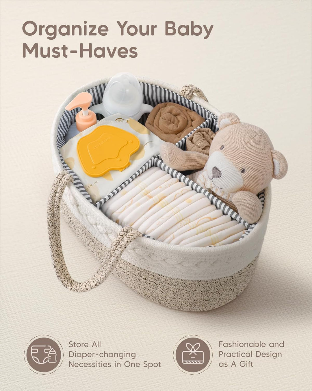 Maliton Wickeltisch Organizer，XL Baby Organizer Korb，Aufbewahrungskorb für den Wickeltisch，Windel Ca