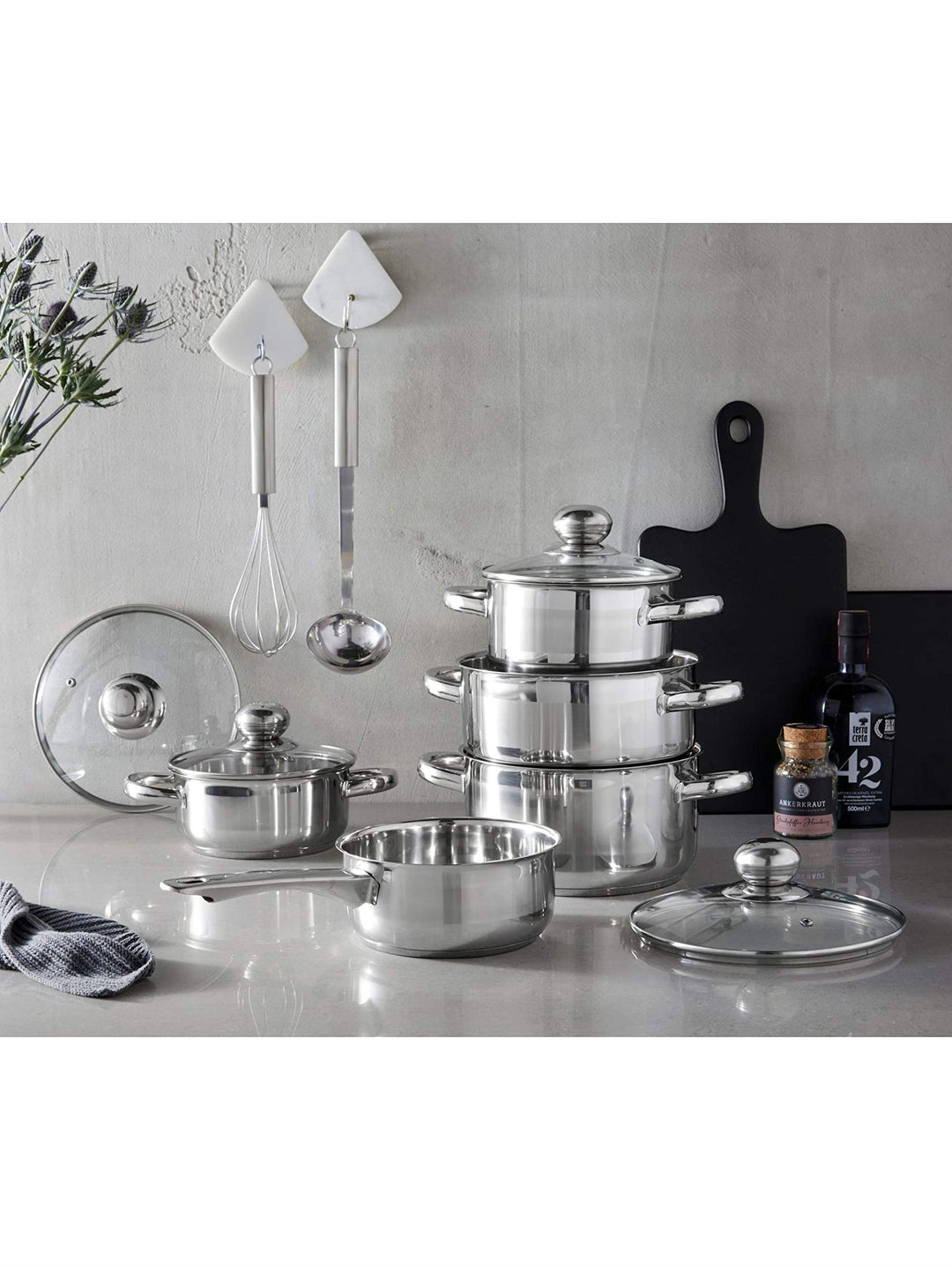 GSW 806572 Kochtopf-Set Silver Star 11-tlg, Edelstahl rostfrei, Glas, Silber