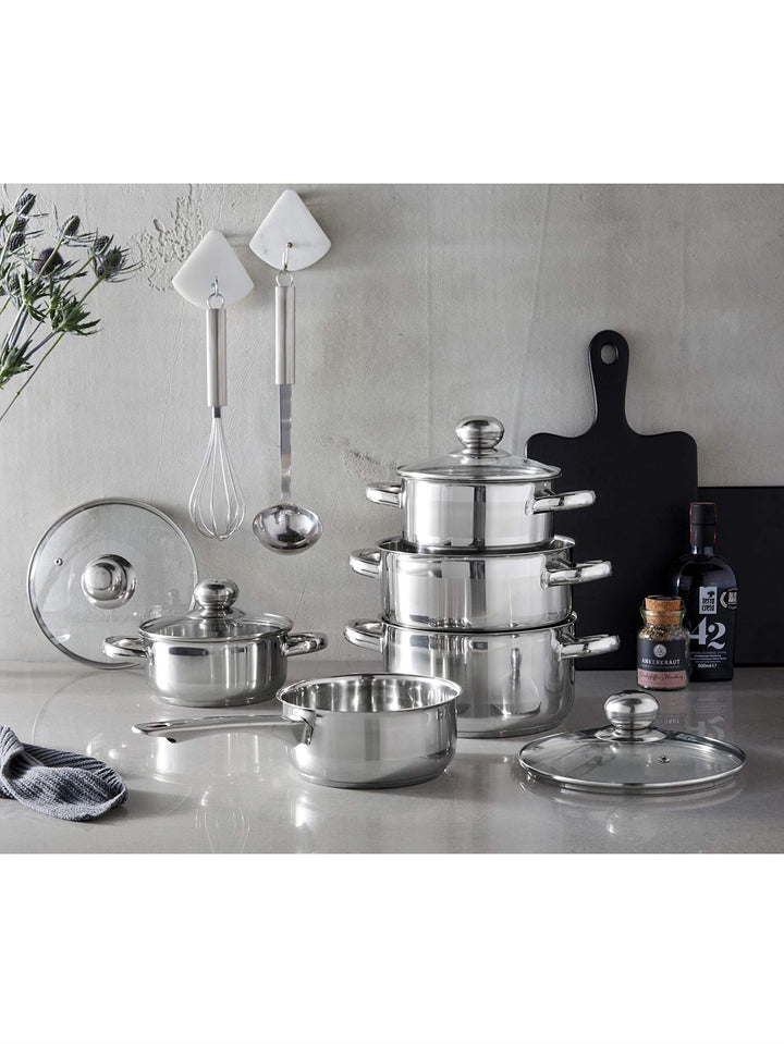 GSW 806572 Kochtopf-Set Silver Star 11-tlg, Edelstahl rostfrei, Glas, Silber