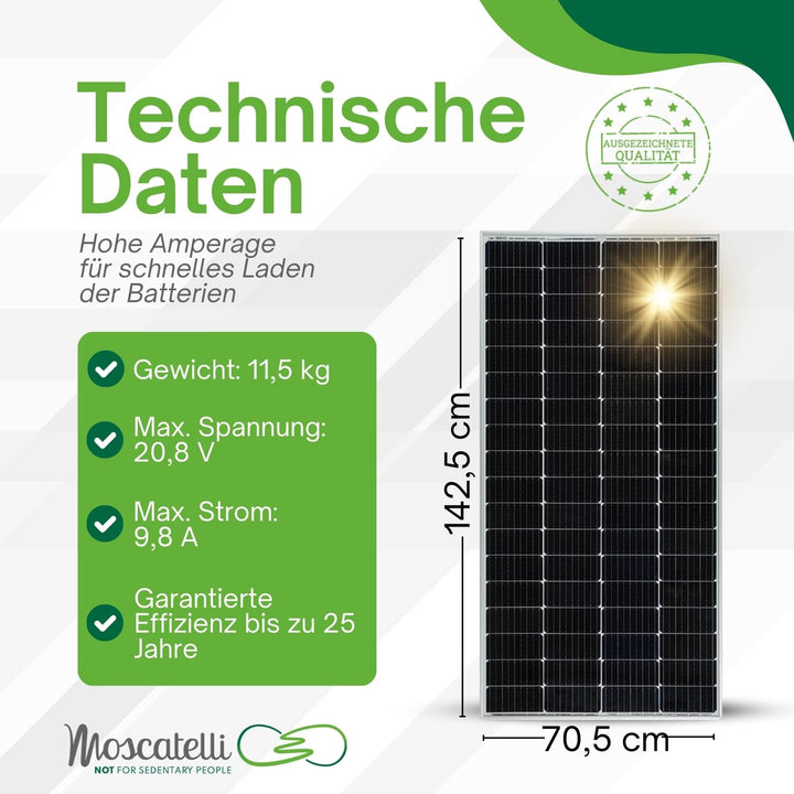 MOSCATELLI PV Modul – 200W Solarpanel für 12V Batterien mit hocheffizienten monokristallinen 9BB PER