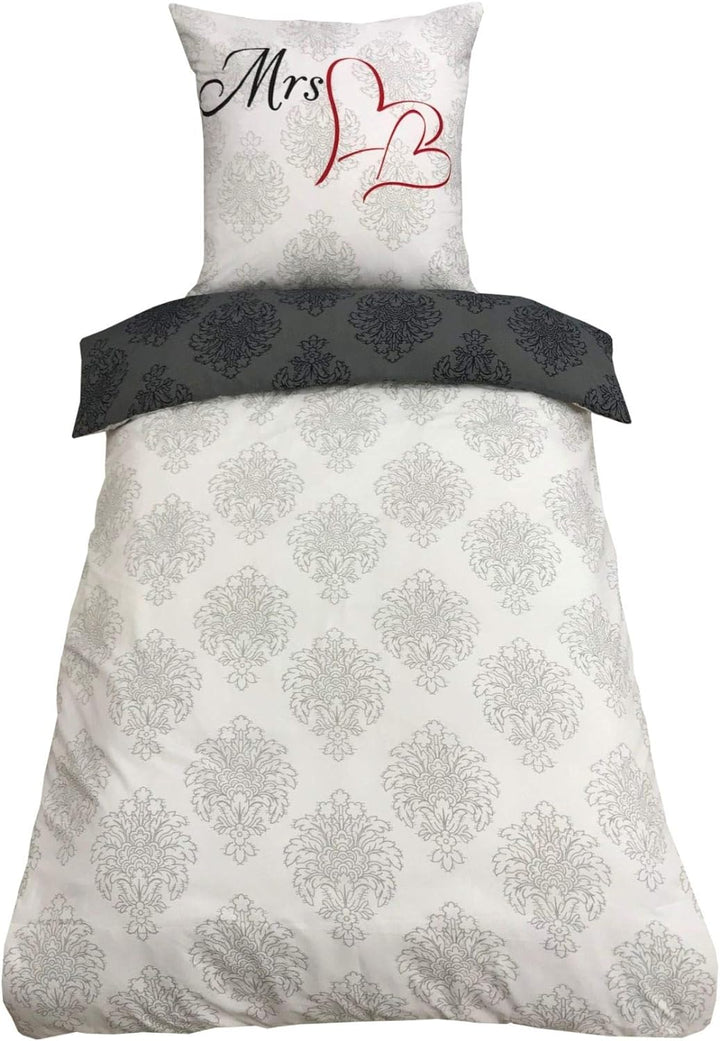 Leonado Vicenti Partner Bettwäsche 135x200 4teilig Mr. & Mrs. Herz grau anthrazit Wendeoptik mit Rei
