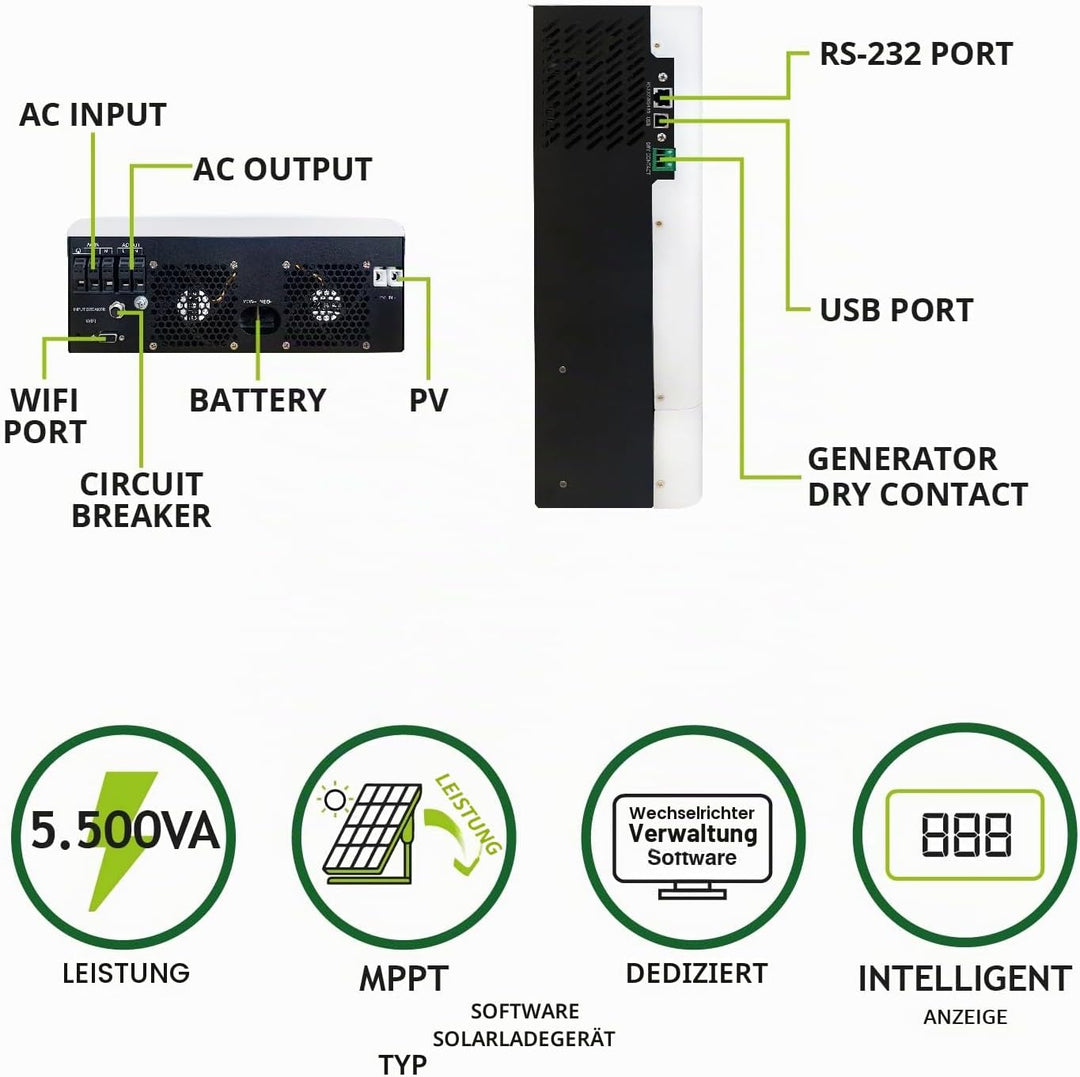 Tecnoware 5500 VA ATA Hybrid-Solarstrom-Wechselrichter - 48V-Batterie – 120V-450V-Solar-Regler MPPT