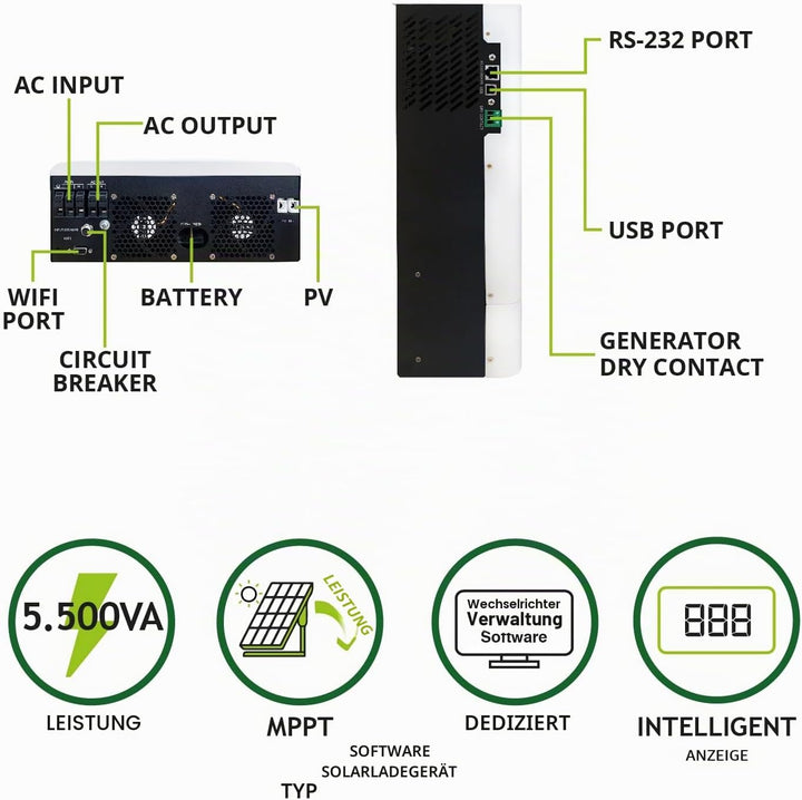 Tecnoware 5500 VA ATA Hybrid-Solarstrom-Wechselrichter - 48V-Batterie – 120V-450V-Solar-Regler MPPT