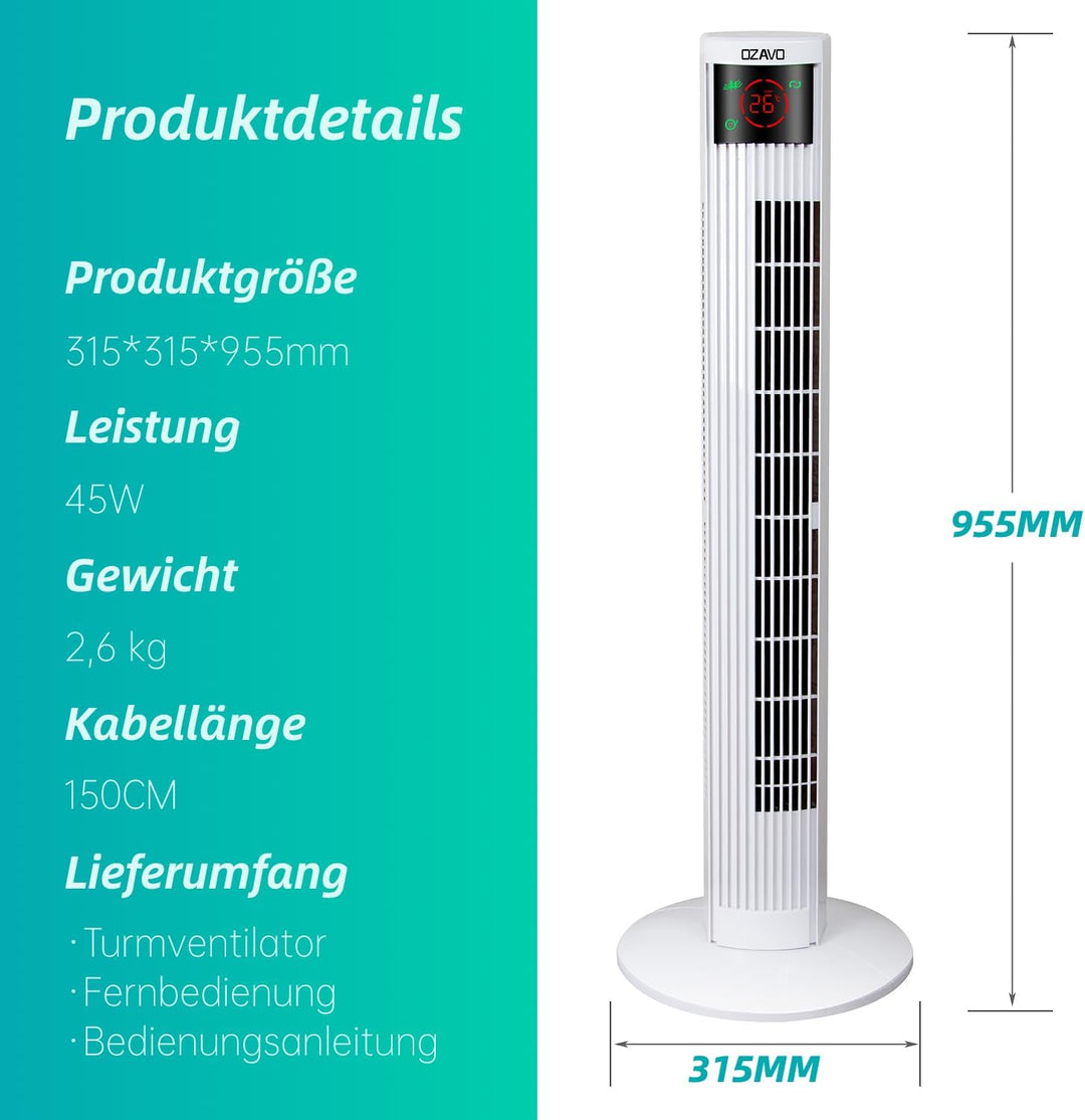 OZAVO Turmventilator mit Fernbedienung | Touchscreen | 3 Stufen | 3 Modi | 12h Timer | 70° Osziliere