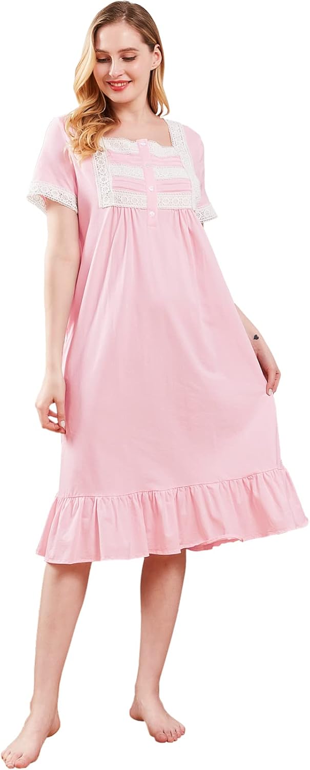 Nanxson Damen Nachthemd Kurzarm Baumwoll Nachtwäsche Vintage Viktorianischen Spitze Nachtkleid Schla