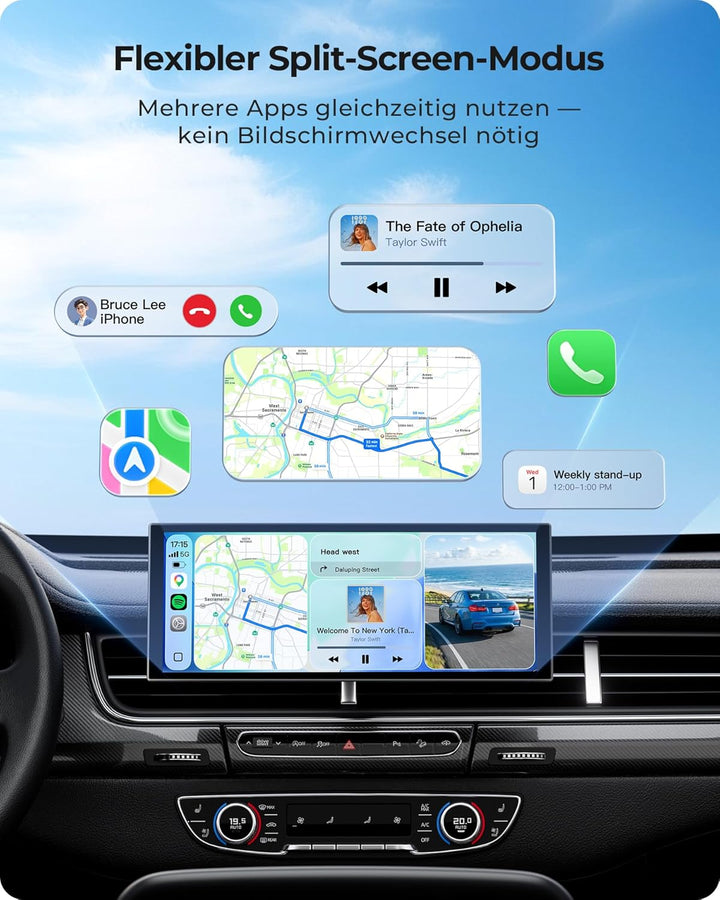 10,26" Drahtloses Tragbarer 60FPS Car Play Display mit 4K Dashcam Vorne HD Hinten für Apple Carplay