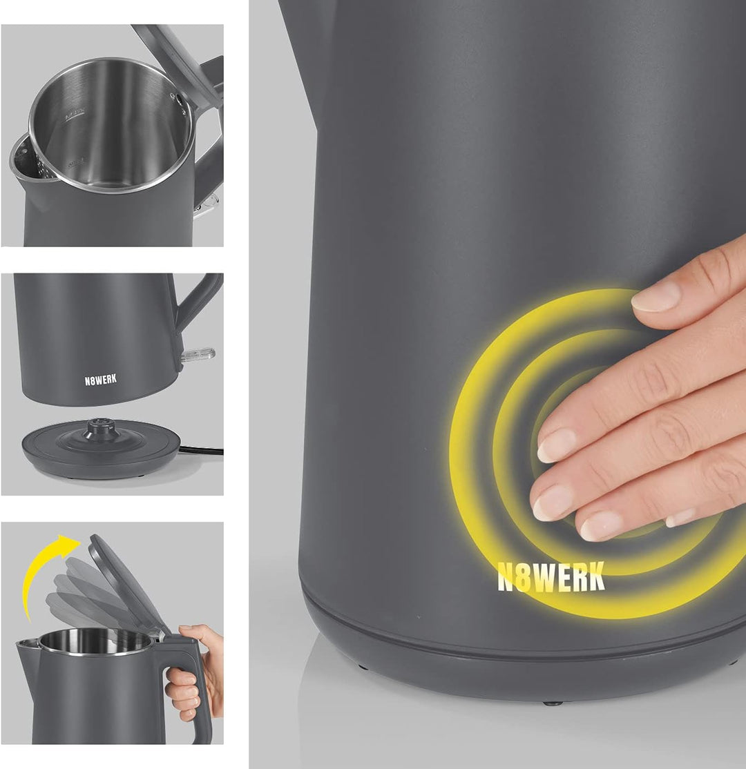 N8WERK Wasserkocher mit Doppelwand-Design in der Nordic Grey Edition | Fassungsvermögen 1,5 Liter, k