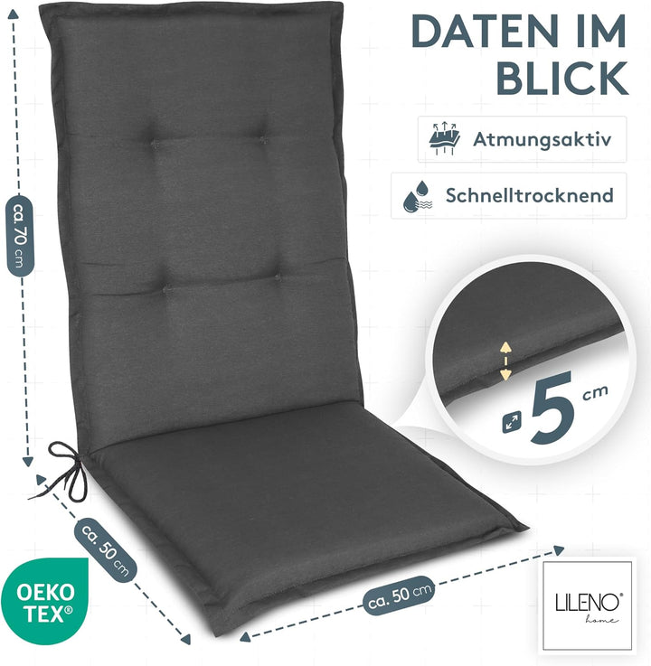 LILENO HOME Gartenstuhl Auflagen als [2er Set - Hochlehner] in Uni Anthrazit (Tami) - Bequeme Liegen