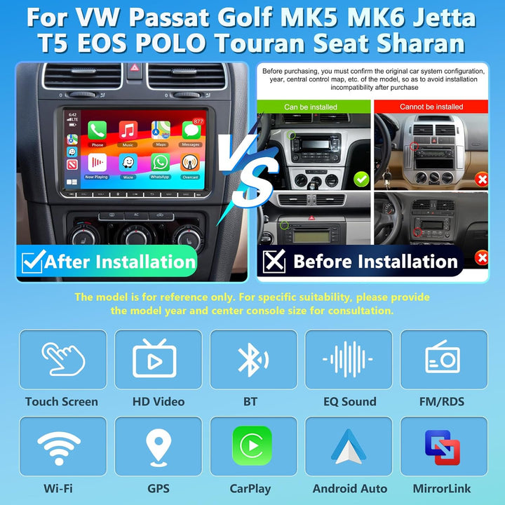 4GB RAM + 64GB Speicher Autoradio für Volkswagen 2014/2015/2016/2017 mit Kabellosem Carplay/Android