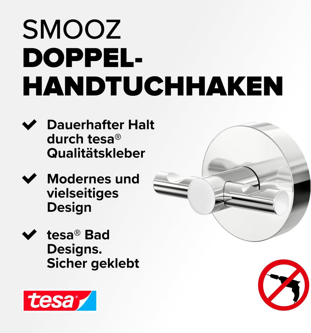 tesa SMOOZ Handtuchhaken, verchromter Edelstahl - Bad-Haken zur Wandbefestigung ohne Bohren, inkl. K