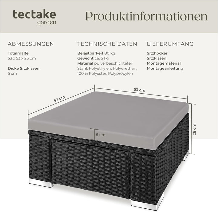 tectake® witterungsbeständiger Outdoor Rattan Hocker mit abnehmbarem Kissen, Lounge Hocker, Balkon M