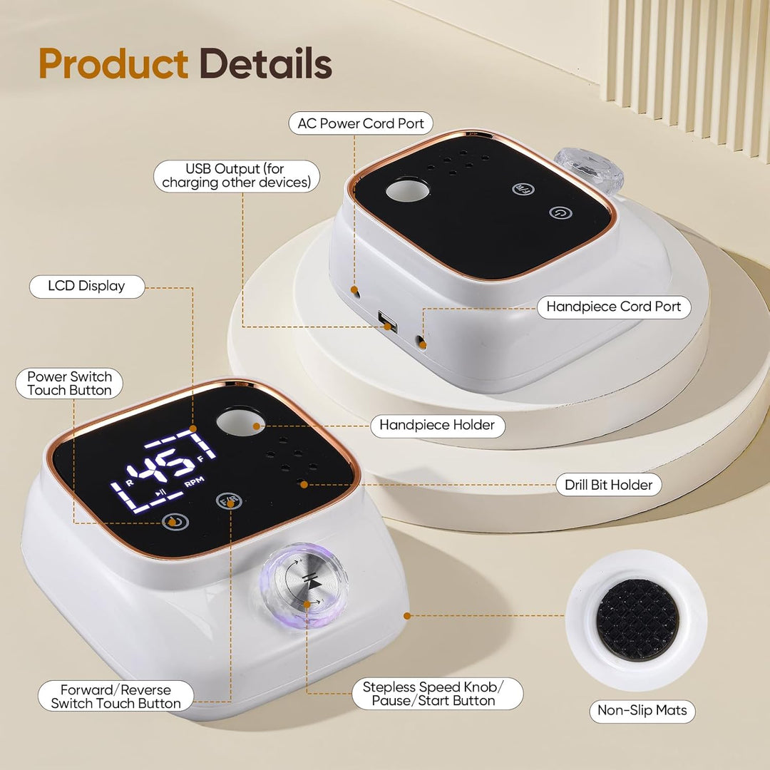 Elektrische Nagelfräse mit 45.000 U/min – LCD Display, 56 Schleifbänder, 11 Bohrer, USB-Ladestation,