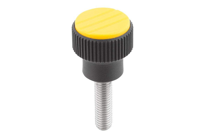 KIPP Rändelknopf K0247 Thermoplast gelb, Aussengewinde aus Stahl M8X30, Durchmesser D1=26mm, Höhe H=