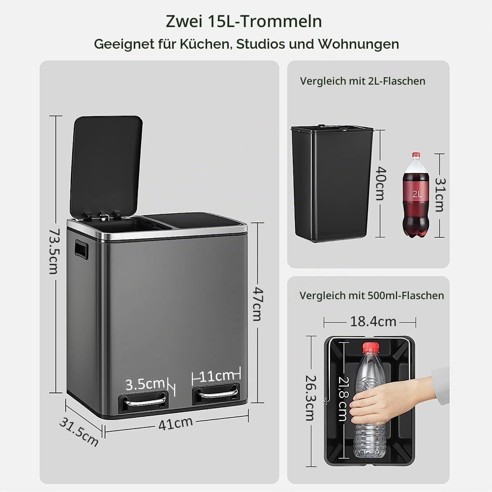 Panana Mülleimer, 2 x 15 L, 2 Fächer, Mülltrennsystem, Treteimer, Abfalleimer Küche, 15 Müllsäcke, a