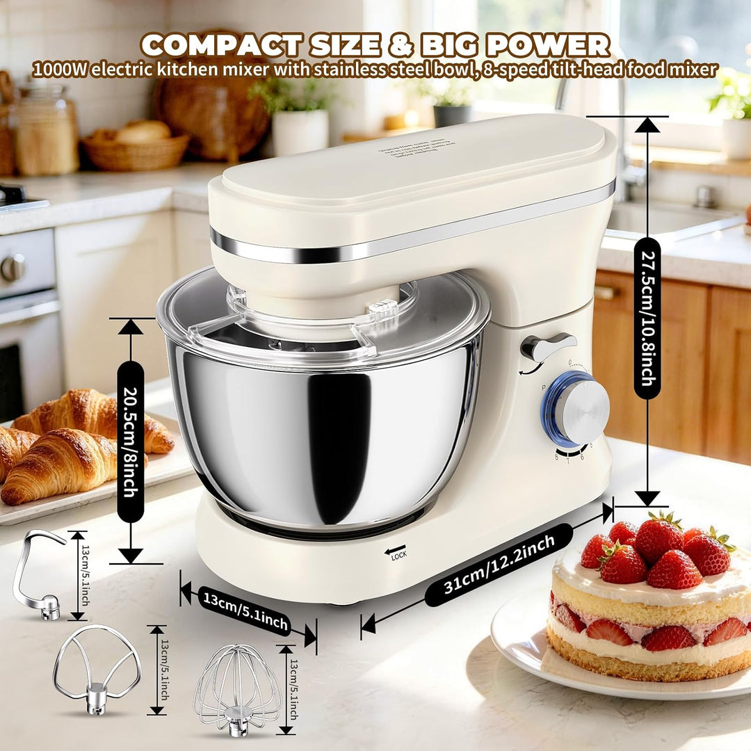 Küchenmaschine 5L – Knetmaschine mit 1000W, 8+ P Geschwindigkeiten, 3 Rührwerkzeuge, Spritzschutz, T