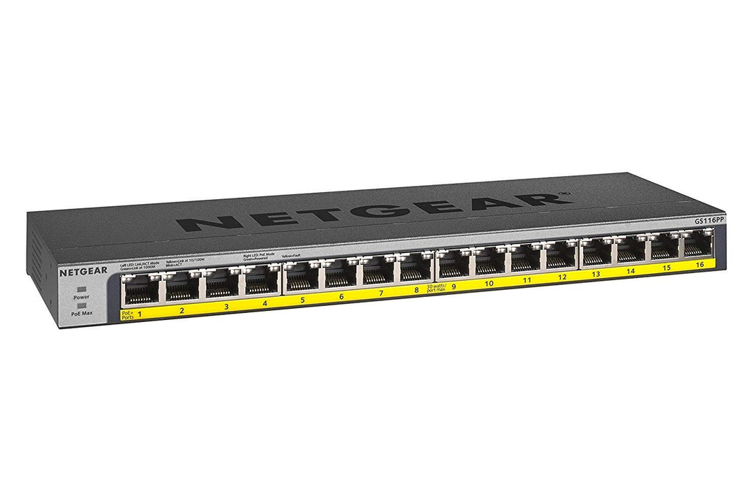 NETGEAR GS116PP PoE Switch 16 Port Gigabit Ethernet LAN Switch mit 16x PoE+ 183W (Plug-and-Play Netz