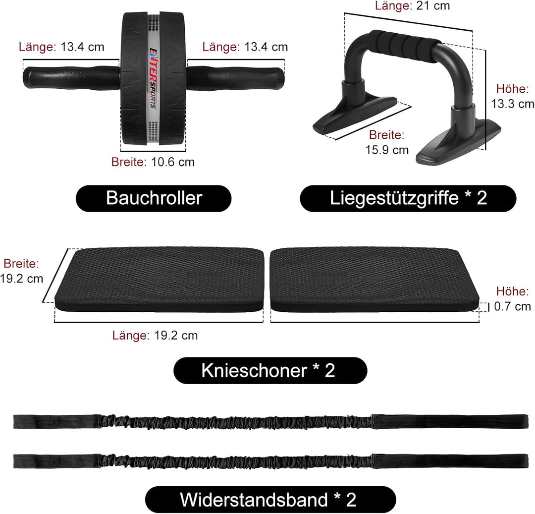 EnterSports Bauchroller, 6-in-1 Bauchtrainer mit Fitnessband, Liegestütze, Kniematte, Fitness Geräte
