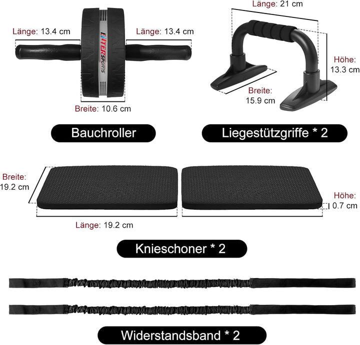 EnterSports Bauchroller, 6-in-1 Bauchtrainer mit Fitnessband, Liegestütze, Kniematte, Fitness Geräte