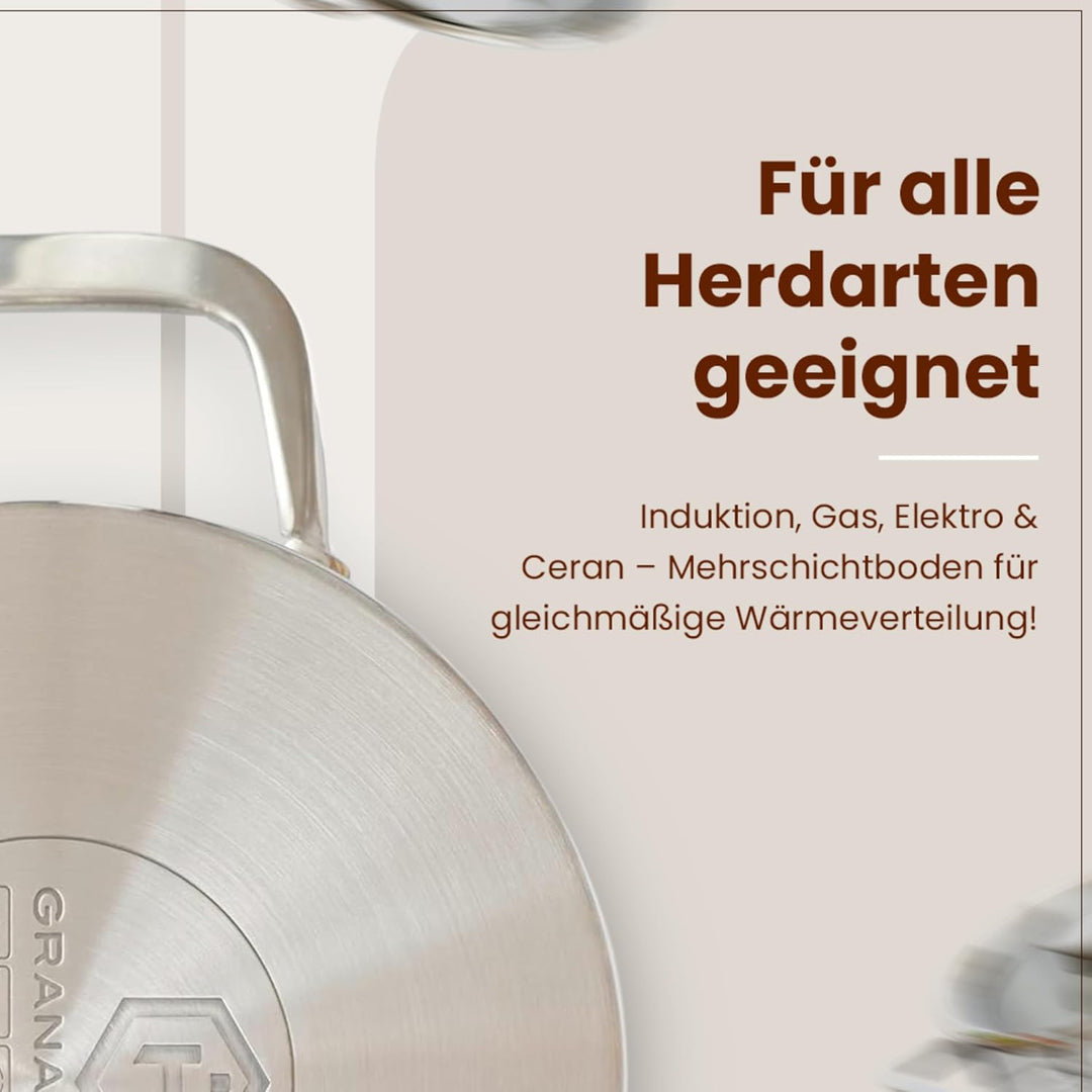 GRANA HOME Induktions Kochtopf aus 100% Edelstahl mit Deckel aus Glas mit Dampfloch, Bratentopf für