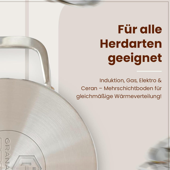 GRANA HOME Induktions Kochtopf aus 100% Edelstahl mit Deckel aus Glas mit Dampfloch, Bratentopf für
