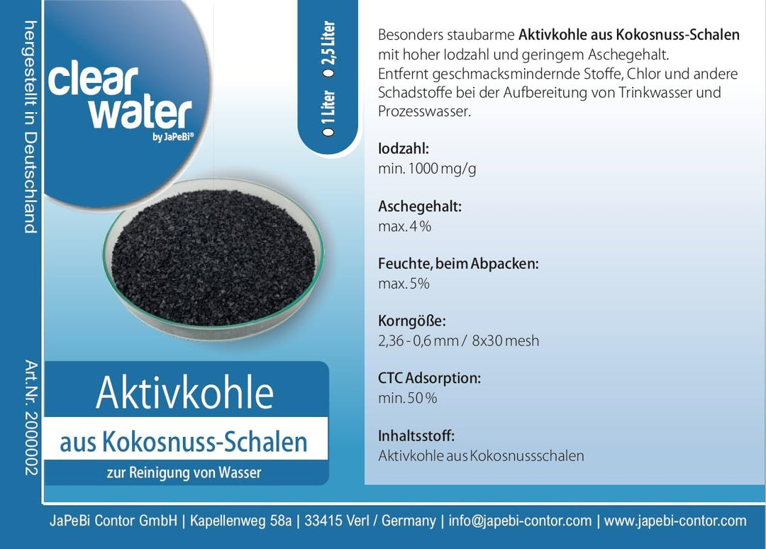 5L / 2,5kg Aktivkohle Granulat aus Kokosnussschalen, 8x30 mesh – Filterkohle zur Wasserreinigung für