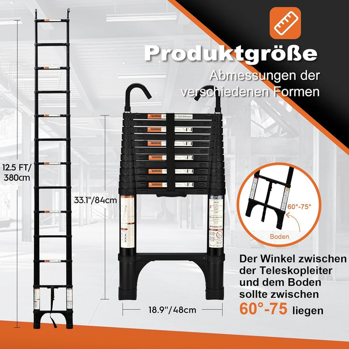 HBTower 3,8m Teleskopleiter Aluminium mit Haken, Leichte Ausziehleiter, Leiter Ausziehbar, klappbare