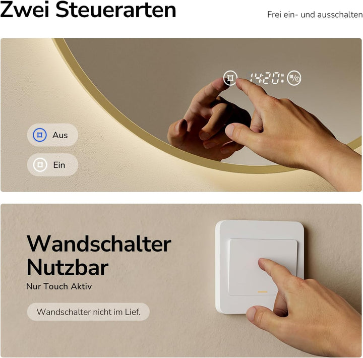 EMKE LED Badspiegel Rund Spiegel mit Beleuchtung ф60cm Gebürstetem Goldrahmen LED Badezimmerspiegel