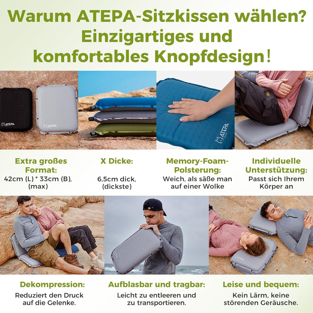 ATEPA Sitzkissen Outdoor, Faltbar Aufblasbar Stadion Flugzeug Unterwegs Camping Wander Bürostuhl Kno