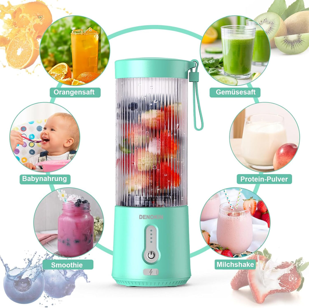 DENOKIN Tragbarer Mixer to Go/Blender/Smoothie Maker, 450ml Becher, Kabellos & USB-C Wiederaufladbar