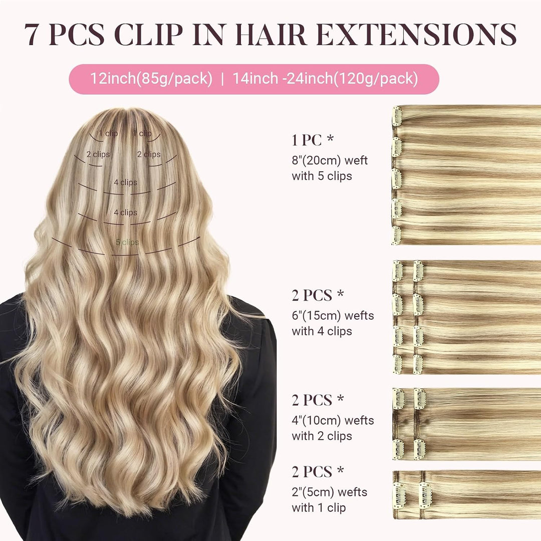 MAXITA Clip in Haarverlängerungen aus echtem Menschenhaar, Remy Haar Clip in Extensions für Damen, n