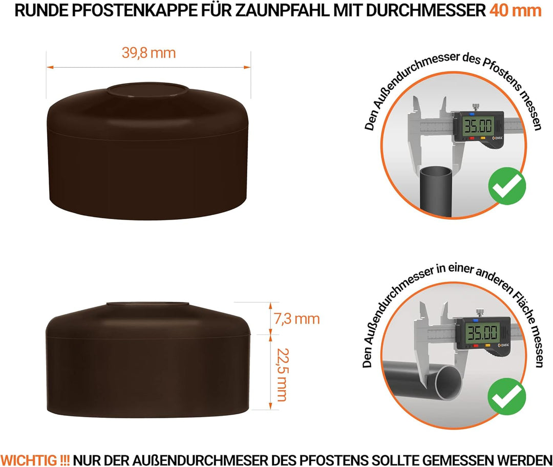 EMFA Zaunpfahlkappe rund 39,8 mm Braun 10 Stück Pfostenkappe rund Zaunpfostenkappen Zaunabdeckung Ku