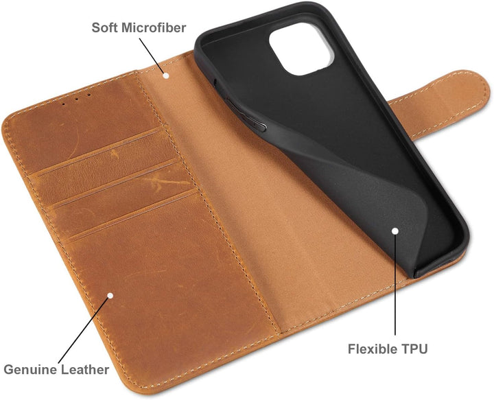 LENSUN Echtleder Hülle für iPhone 13 5G, Handyhülle [Echtes Leder][Magnetverschluss][RFID Schutz] Ha