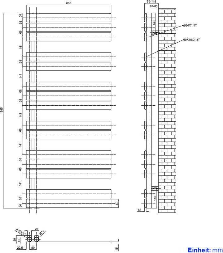 Heilmetz Badheizkörper Weiss Handtuchtrockner Heizung 600 x 1385 mm Bad Heizkörper Handtuchheizkörpe