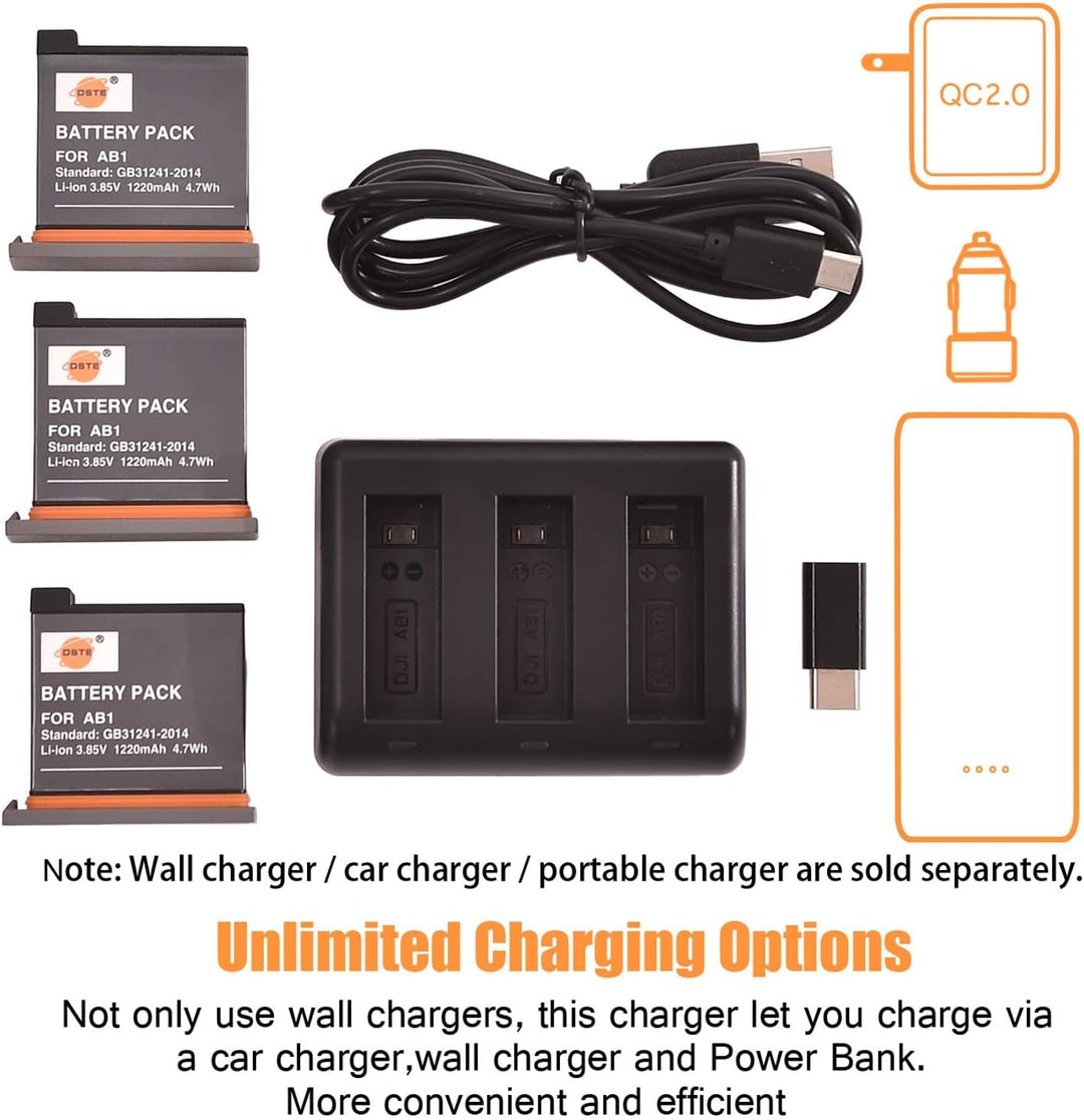 DSTE® Full Coded (3-Pack) 3.85V AB1 Ersatz Batterie und 3-Kanal Ladegerät + USB-Kabel(Type C) Compat