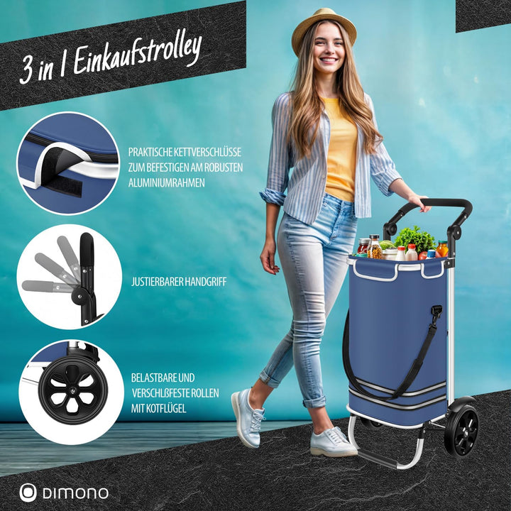 Dimono® Einkaufstrolley Rolltex Klappbarer 3 in1 Trolley zum Einkaufen; 56 Liter inkl. Kühlfach; Tra