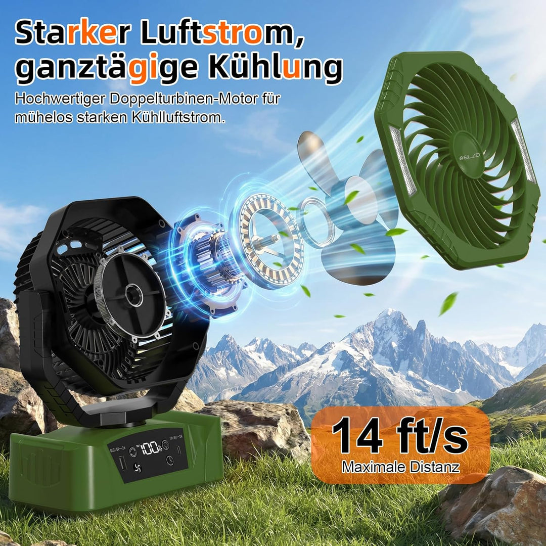ELZO 20000mAh Camping Ventilator, Wiederaufladbarer Tischventilator USB Ventilator mit LED Licht & H