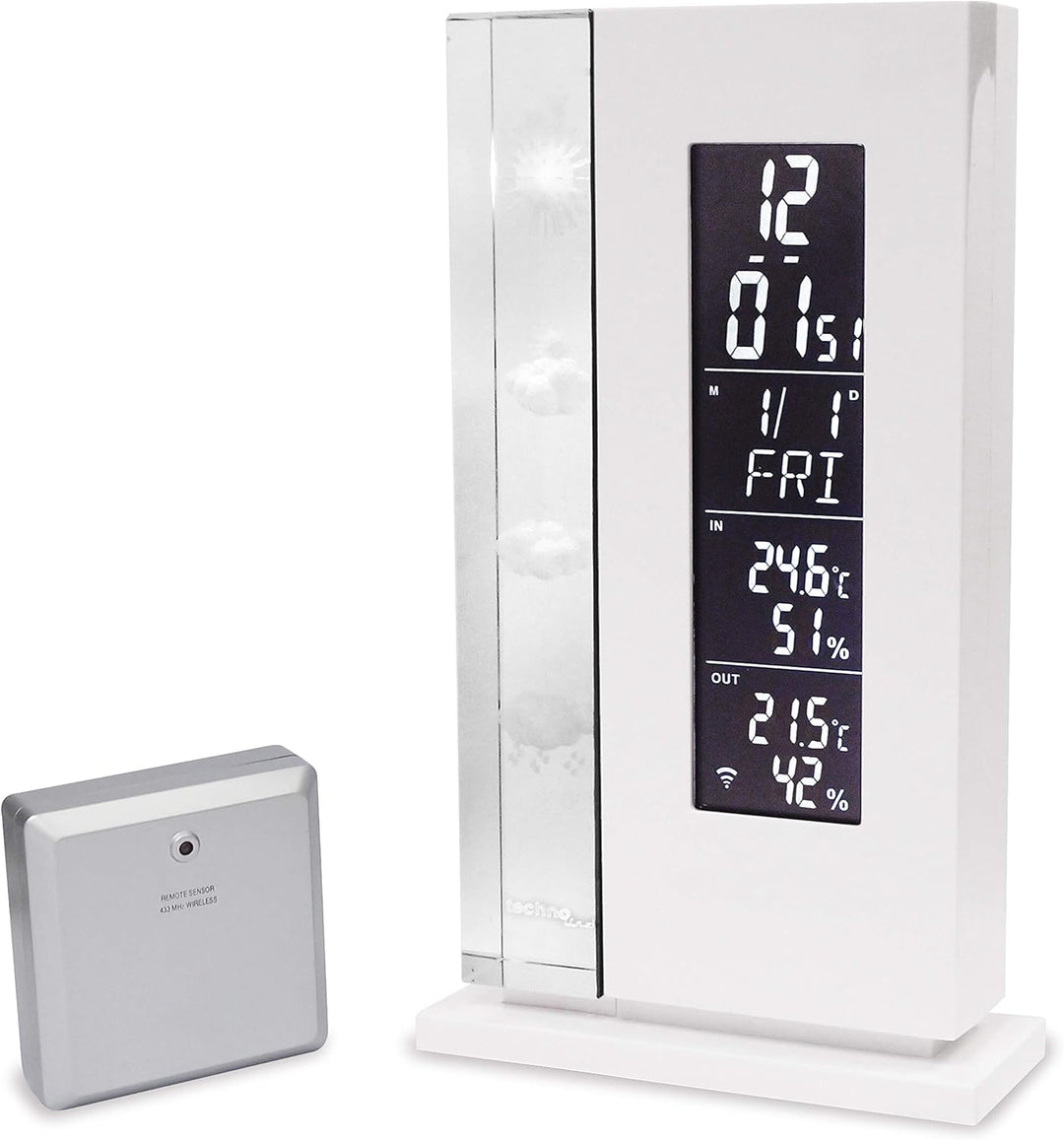 Wetterstation WS 6600 mit Vorhersage von Wettersituation durch in Glas gelaserte 3D-Wettersymbole