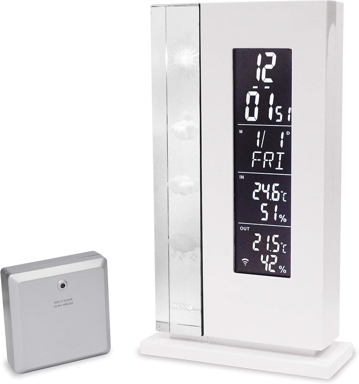Wetterstation WS 6600 mit Vorhersage von Wettersituation durch in Glas gelaserte 3D-Wettersymbole
