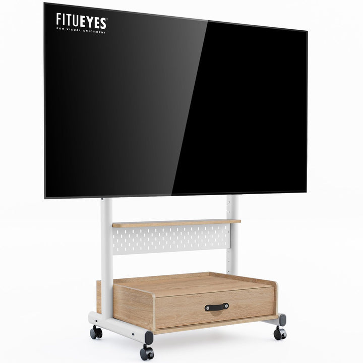 FITUEYES TV Ständer Rollbar Höhenverstellbar, Fernsehständer mit Rollen Schublade Ablage Lochwand, T
