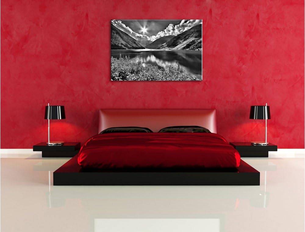 Pixxprint Blumenwiese Bergsee / 100x70cm Leinwandbild bespannt auf Holzrahmen/Wandbild Kunstdruck De